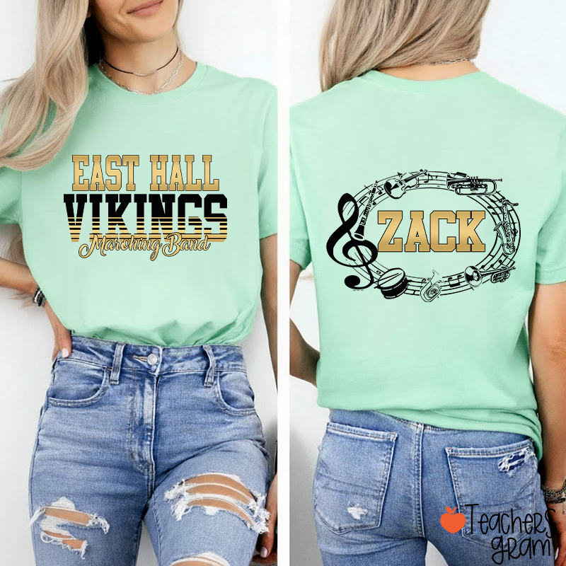 Personalized Band Music Note Mascot Two Sided Teacher T-Shirt