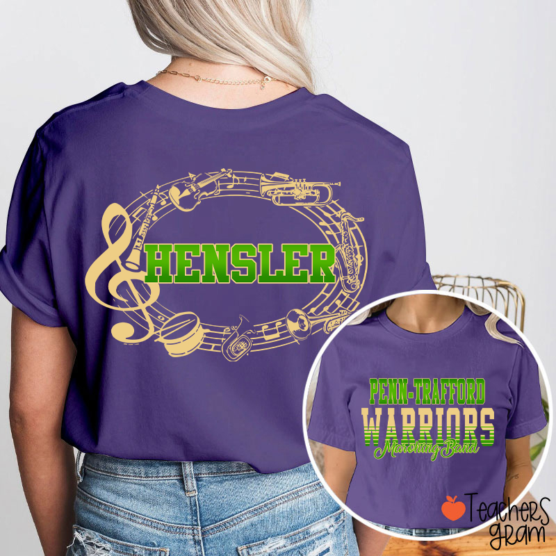 Personalized Band Music Note Mascot Two Sided Teacher T-Shirt
