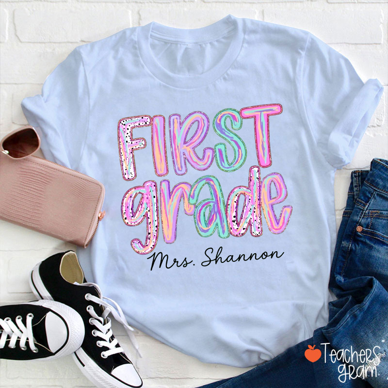 Personalized Grade Rainbow Doodle Name Teacher T-Shirt