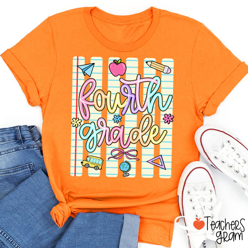 Personalized Grade Notebook Stripes Cute Icons Teacher T-Shirt