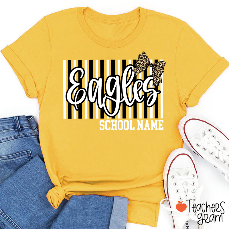 Personalized School Mascot Stripe Leopard Bow Teacher T-Shirt