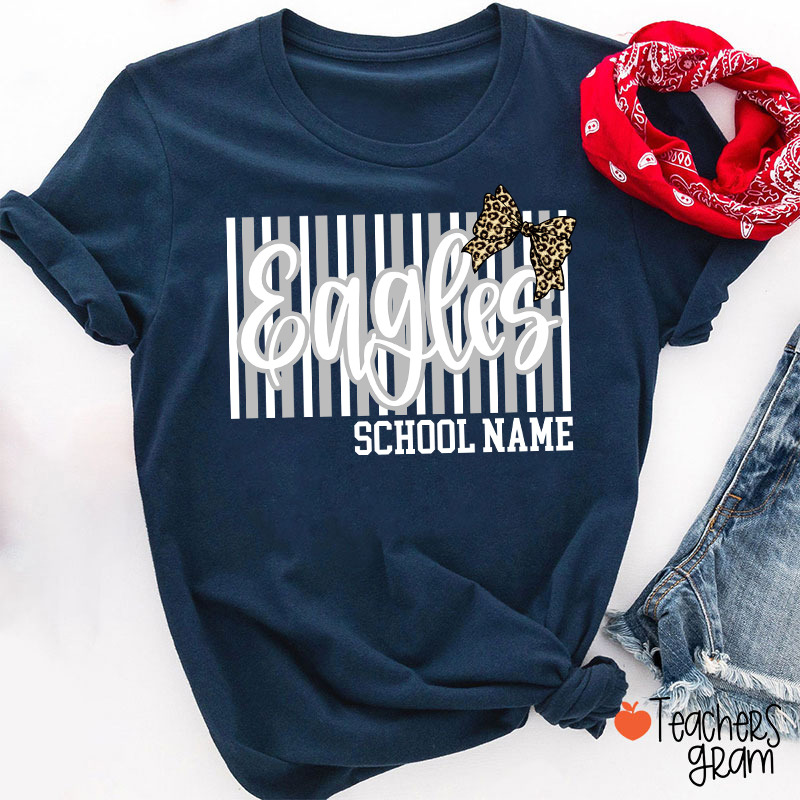 Personalized School Mascot Stripe Leopard Bow Teacher T-Shirt