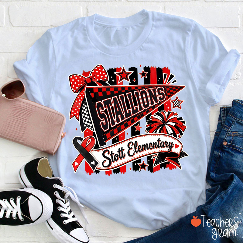 Personalized Name And Mascot Pennant Bow Cheerleading Teacher T-Shirt