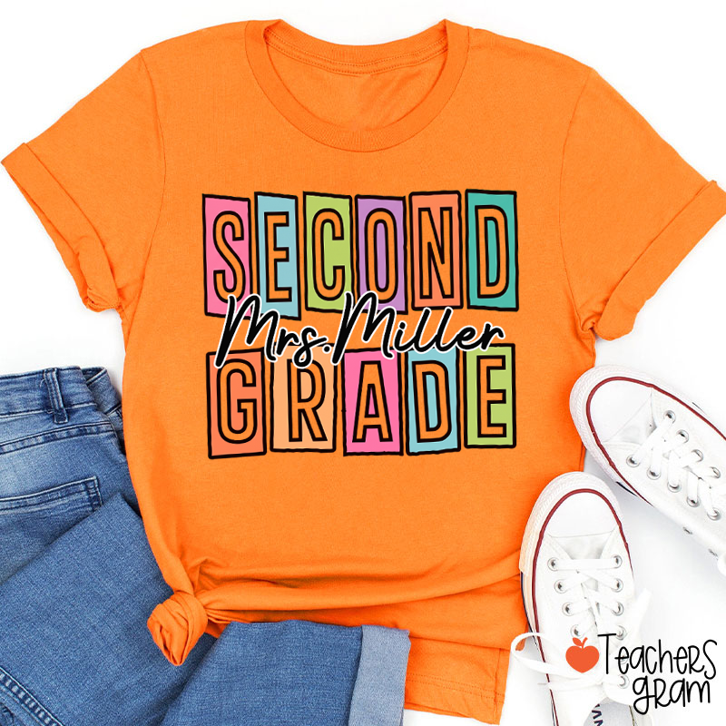 Personalized Name And Grade Colorful Block Letter Cursive Script Teacher T-Shirt