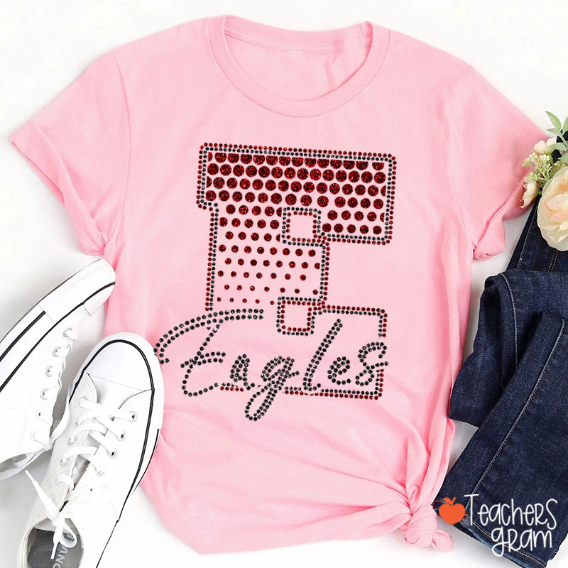 Personalized Mascot Rhinestone Varsity Letter Script Teacher T-Shirt