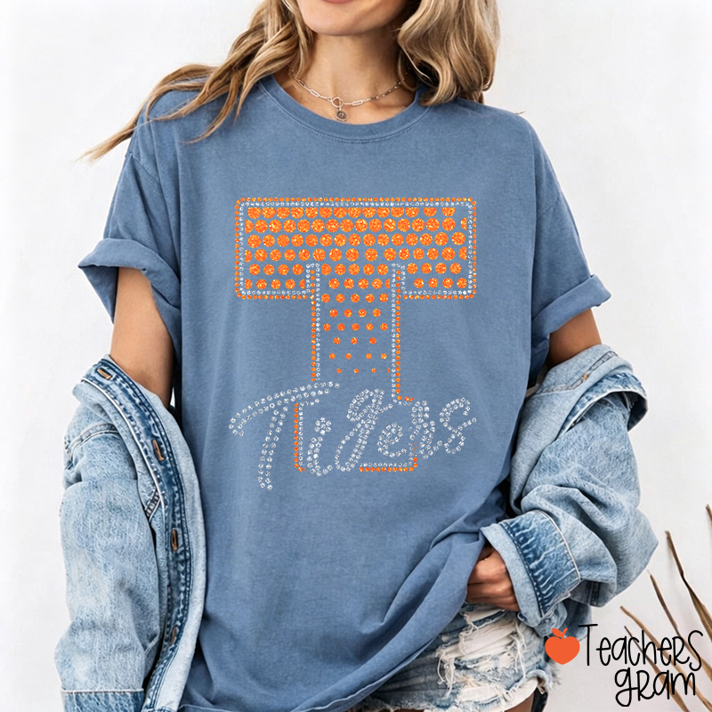 Personalized Mascot Rhinestone Varsity Letter Script Teacher T-Shirt