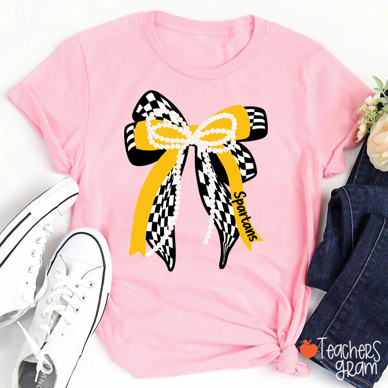 Personalized Mascot Cute Bow School Spirit Graphic Teacher T‑Shirt