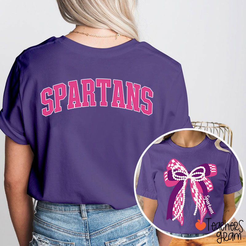 Personalized Mascot Varsity Curved Bow Theme Teacher Two Sided T-Shirt