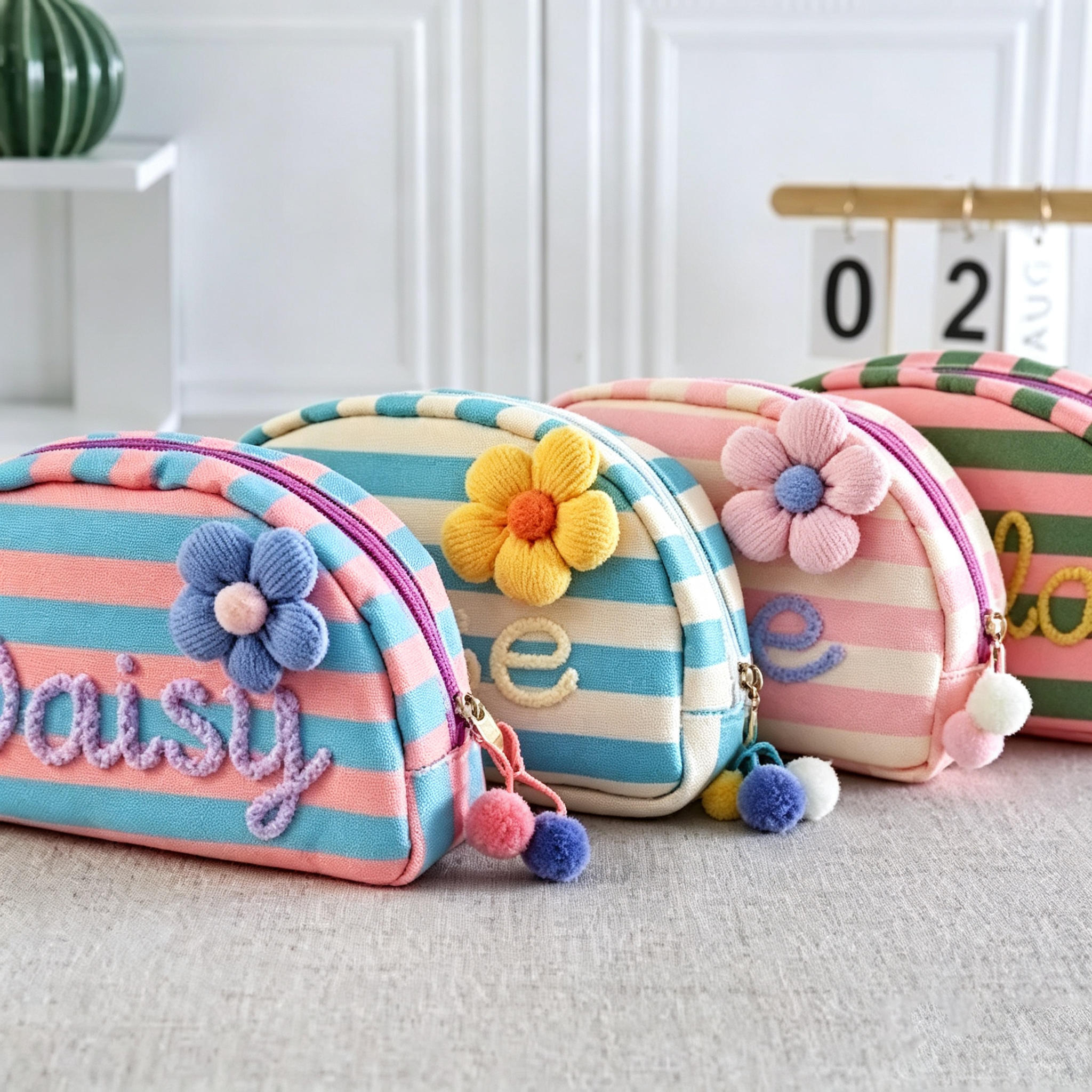 Personalized Embroidered Striped Shell Makeup Bag