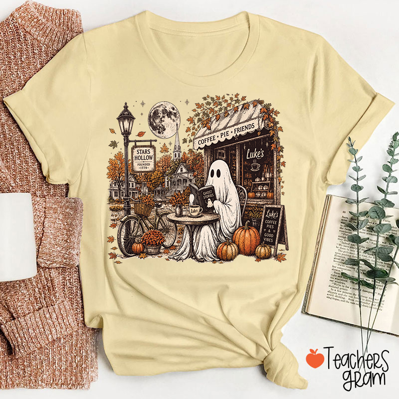 Ghost Reading At Coffee Shop Halloween Teacher T-Shirt