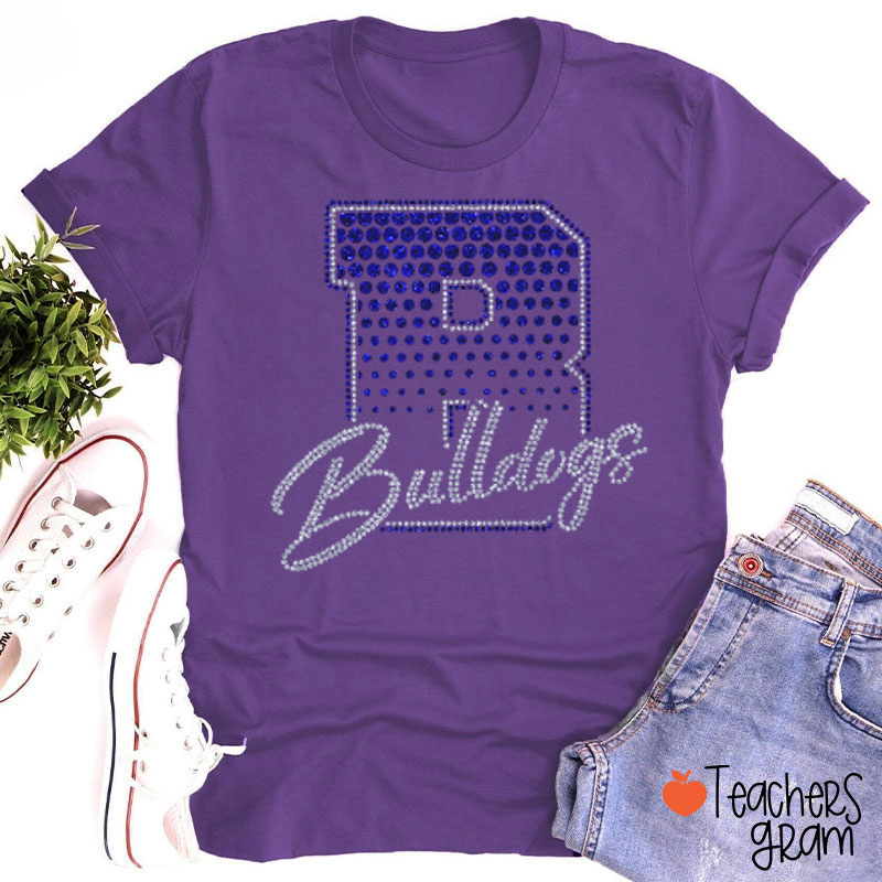 Personalized Mascot Rhinestone Varsity Letter Script Teacher T-Shirt