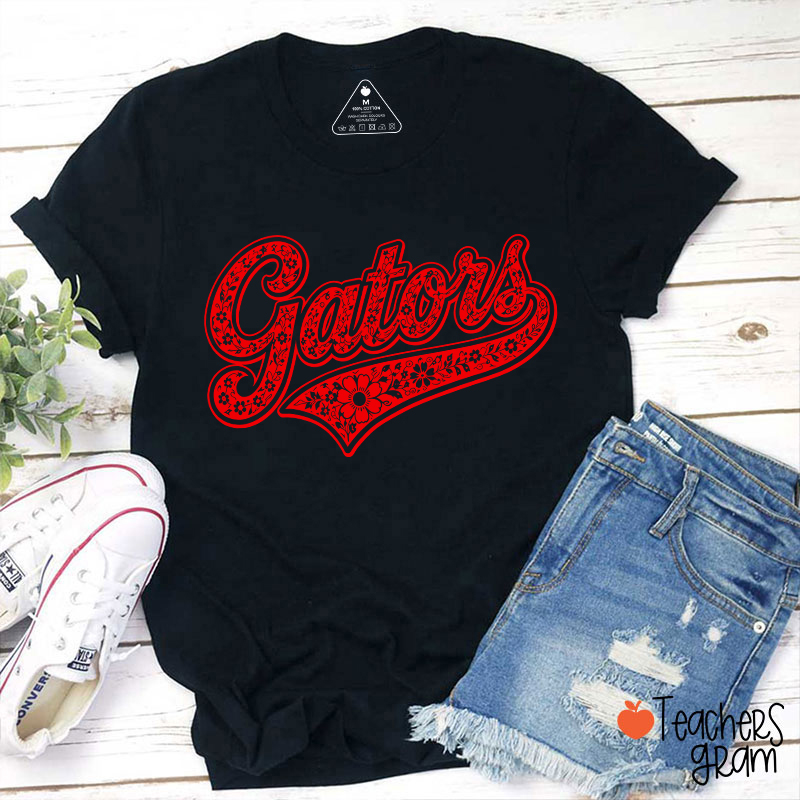 Personalized Mascot Floral Script Teacher T-Shirt