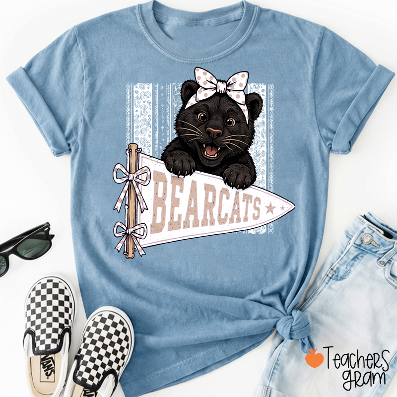 Personalized Mascot Bow Pennant Paisley Striped Graphic Teacher T‑Shirt