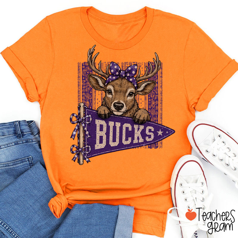 Personalized Mascot Bow Pennant Paisley Striped Graphic Teacher T‑Shirt