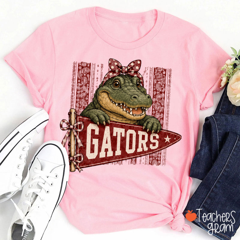 Personalized Mascot Bow Pennant Paisley Striped Graphic Teacher T‑Shirt