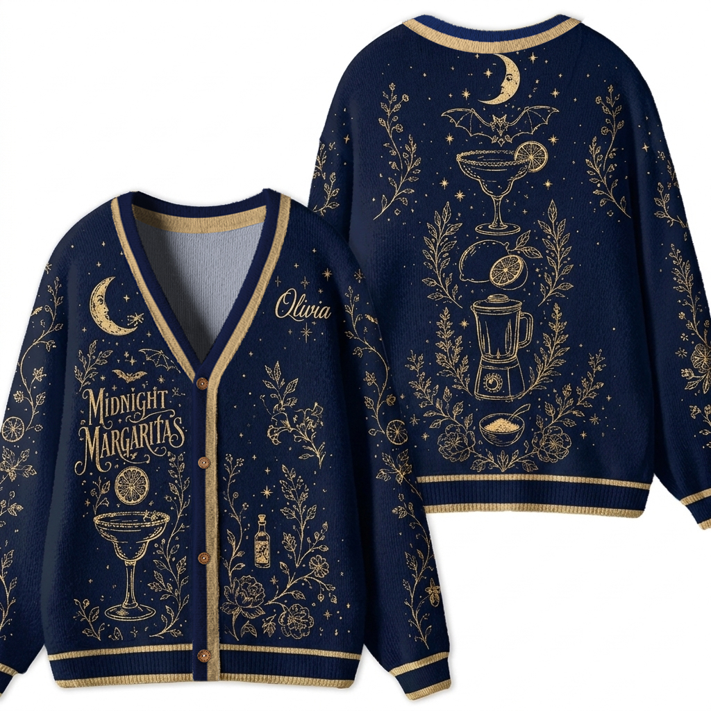 Midnight Margaritas Moon Bat Cocktail Floral Teacher Ugly Cardigan Sweater
