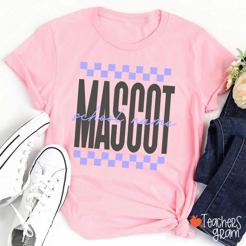 Personalized Mascot Sport Checkered Script Teacher T-Shirt