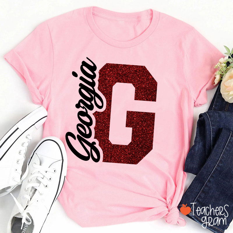 Personalized Mascot Initial Glitter Print Puff Printed Teacher T‑Shirt