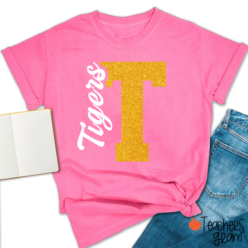 Personalized Mascot Initial Glitter Print Puff Printed Teacher T‑Shirt