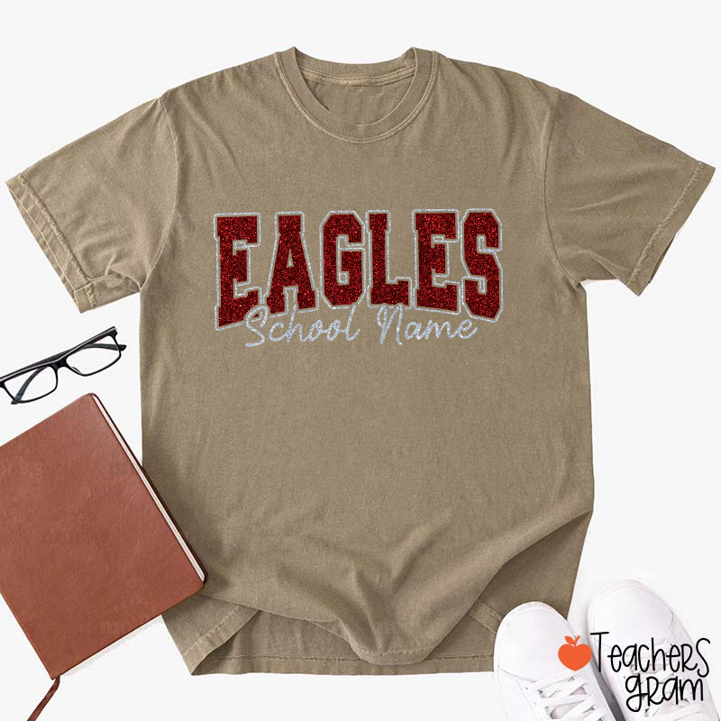 Personalized Mascot School Name Glitter Teacher T‑Shirt