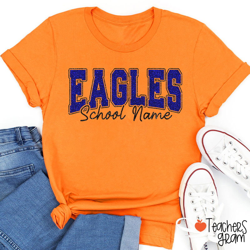 Personalized Mascot School Name Glitter Teacher T‑Shirt