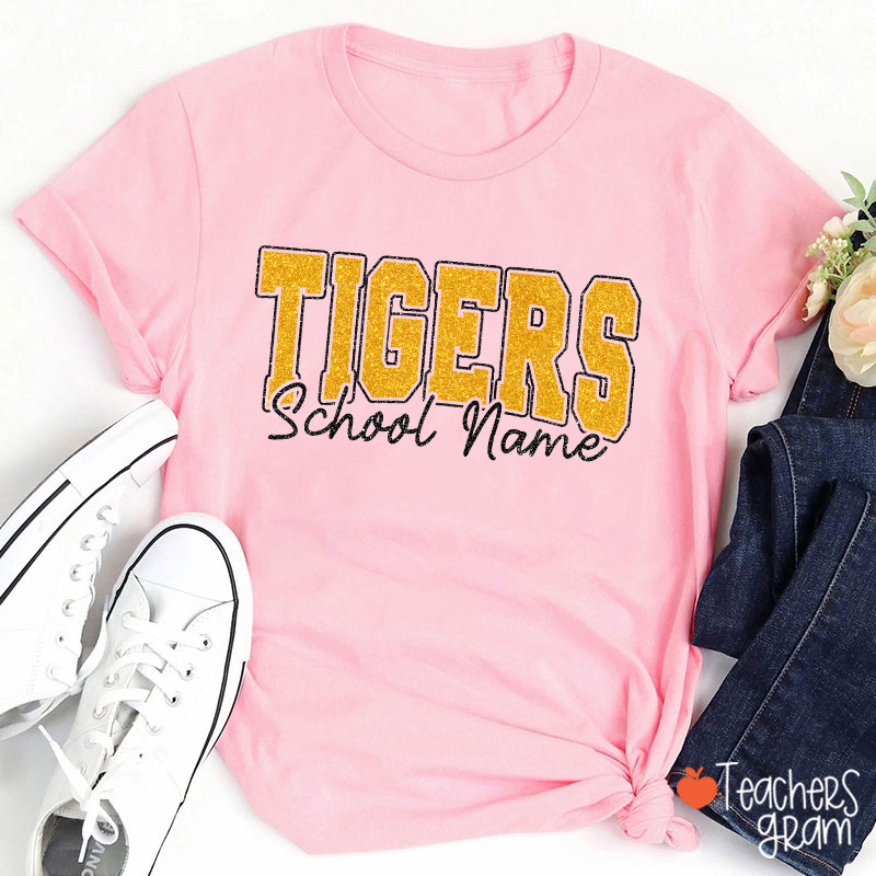 Personalized Mascot School Name Glitter Teacher T‑Shirt