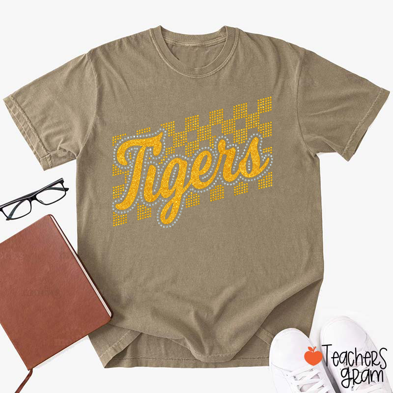 Personalized Mascot Glitter Checkered Script Teacher T‑Shirt
