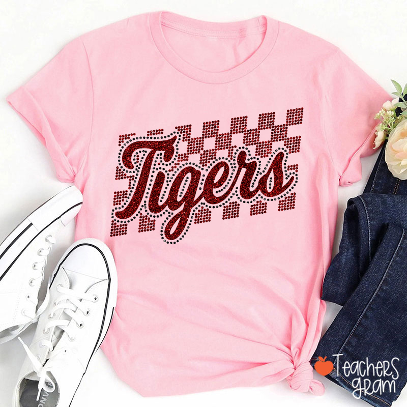 Personalized Mascot Glitter Checkered Script Teacher T‑Shirt