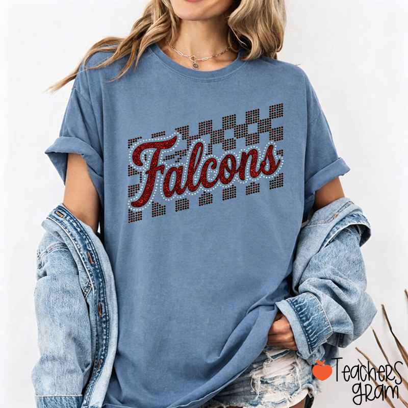 Personalized Mascot Glitter Checkered Script Teacher T‑Shirt