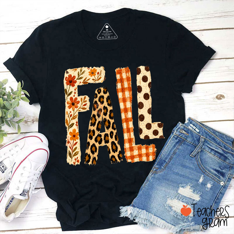 Vintage Patchwork Fall Letter Teacher T‑Shirt
