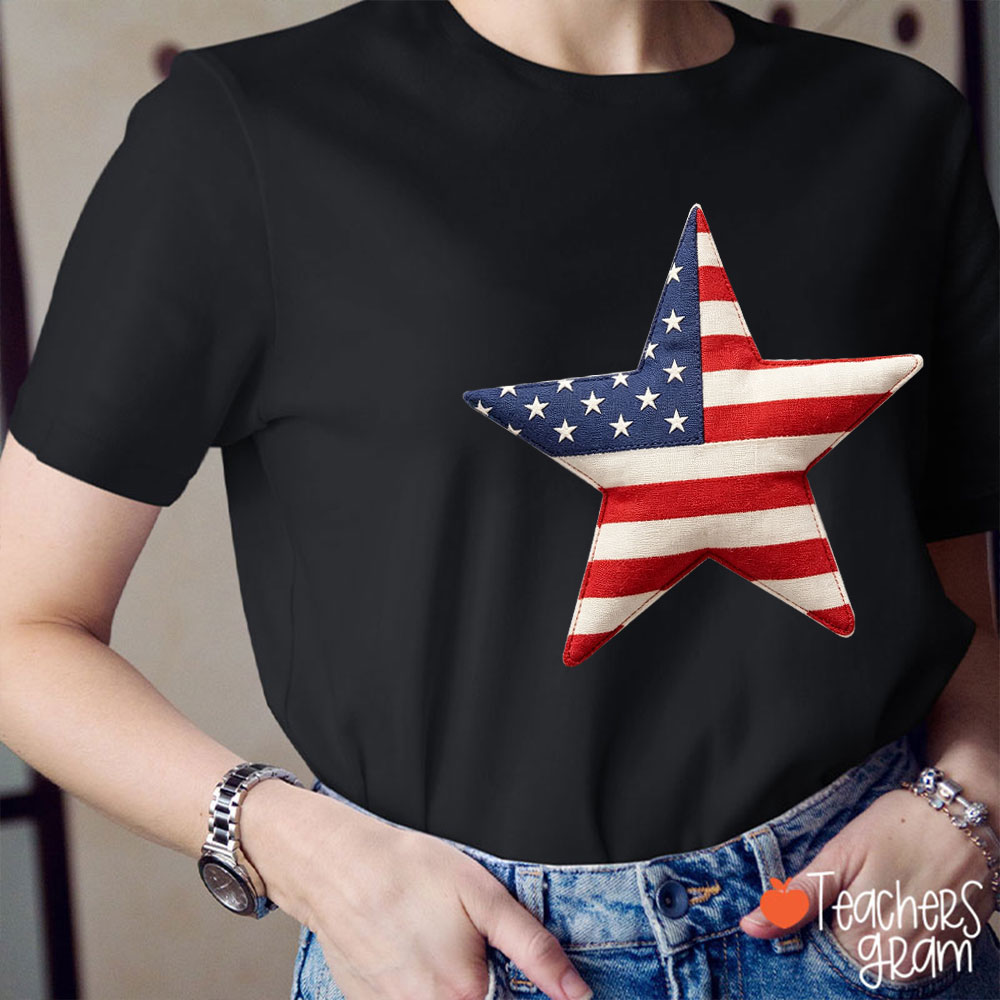 Faux Patchwork American Flag Star Teacher T-Shirt