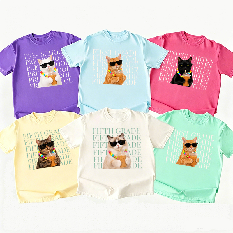 Personalized Grade Cool Cat Bubble Tea Graphic Teacher T‑Shirt