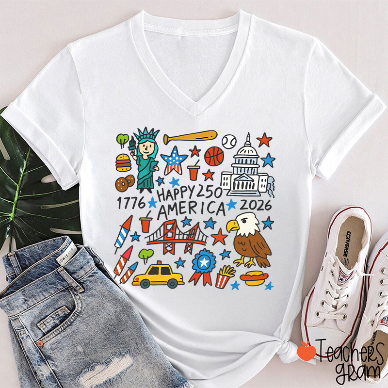 America 250th Anniversary Teacher Female V-Neck T-Shirt