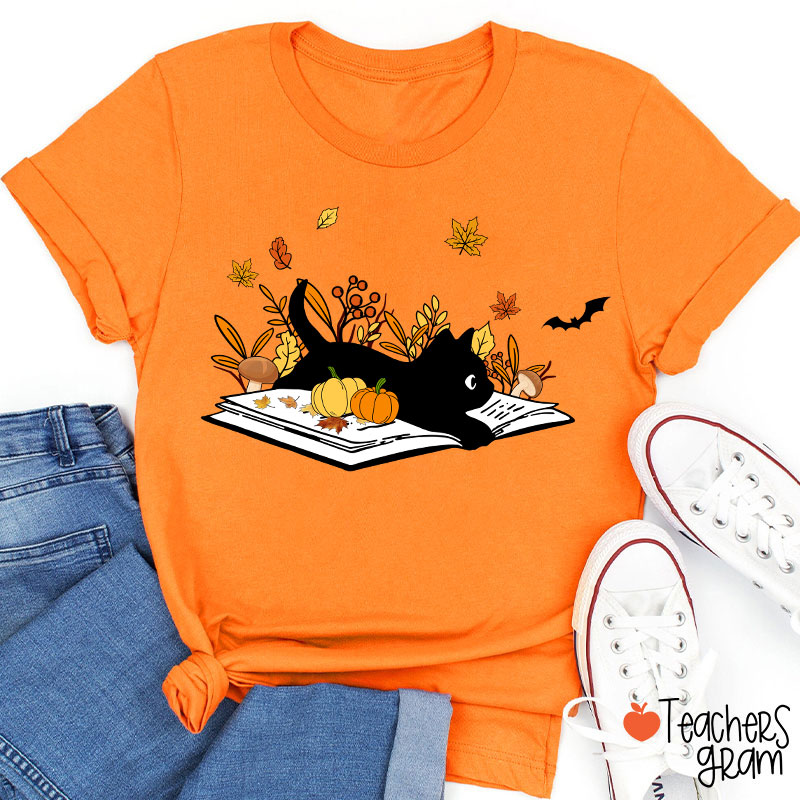 Black Cat With Book Teacher T-Shirt