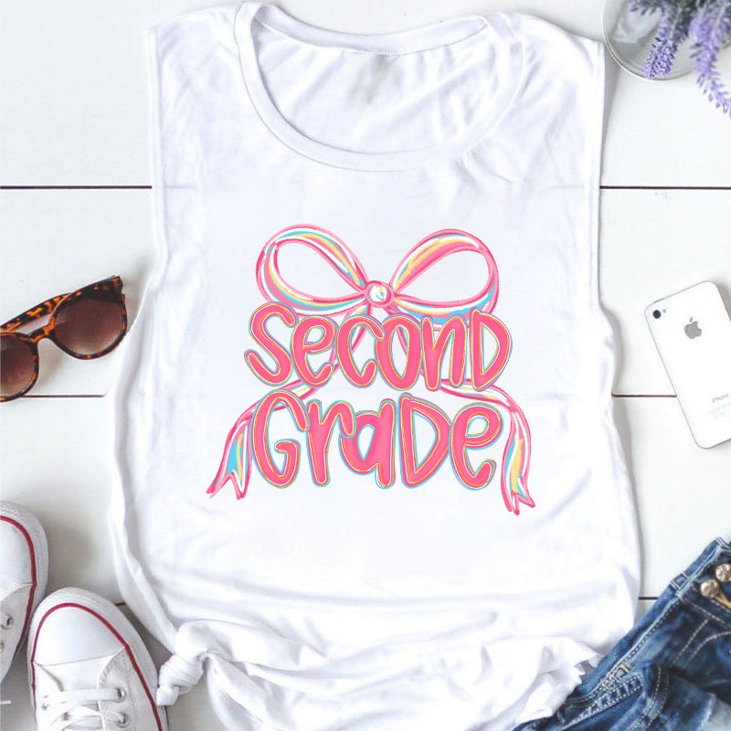 Personalized Grade Pink Bow Teacher Tank Top
