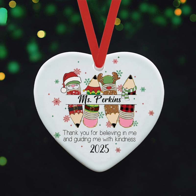 Personalized Christmas Pencil And Thank You For Believing Teacher Ceramic Christmas Ornament