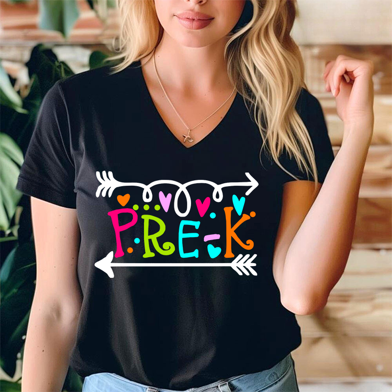Personalized Grade Curly Font Teacher Female V-Neck T-Shirt