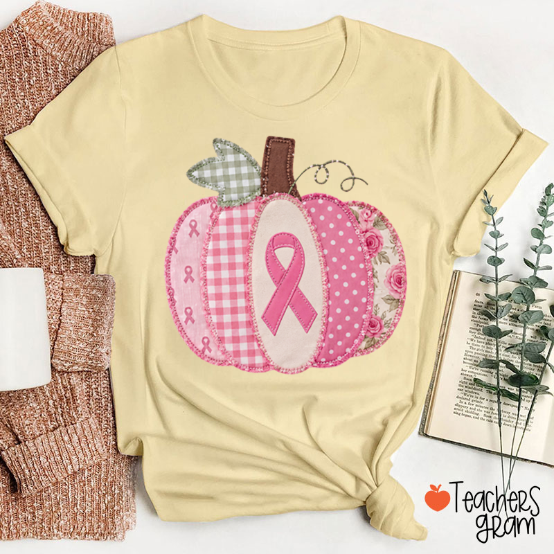 Pink Faux Patchwork Pumpkin Ribbon Teacher T‑Shirt