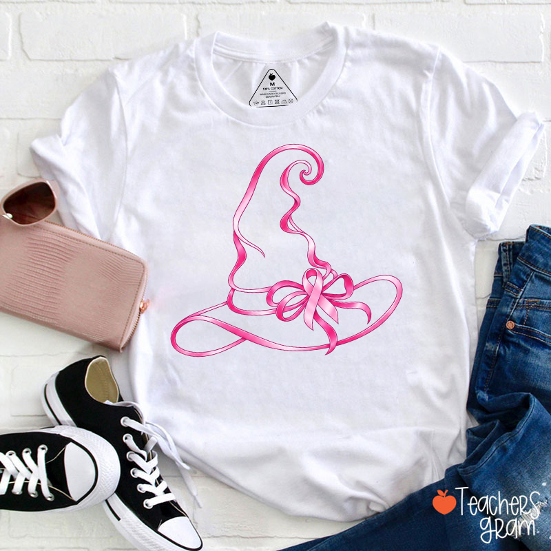 Halloween Witch Hat Pink Ribbon Breast Cancer Support Teacher T‑Shirt