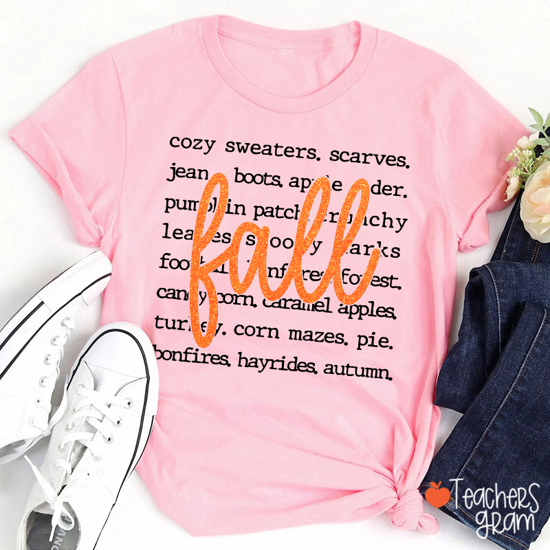 Glitter Fall Autumn Word List Teacher T‑Shirt