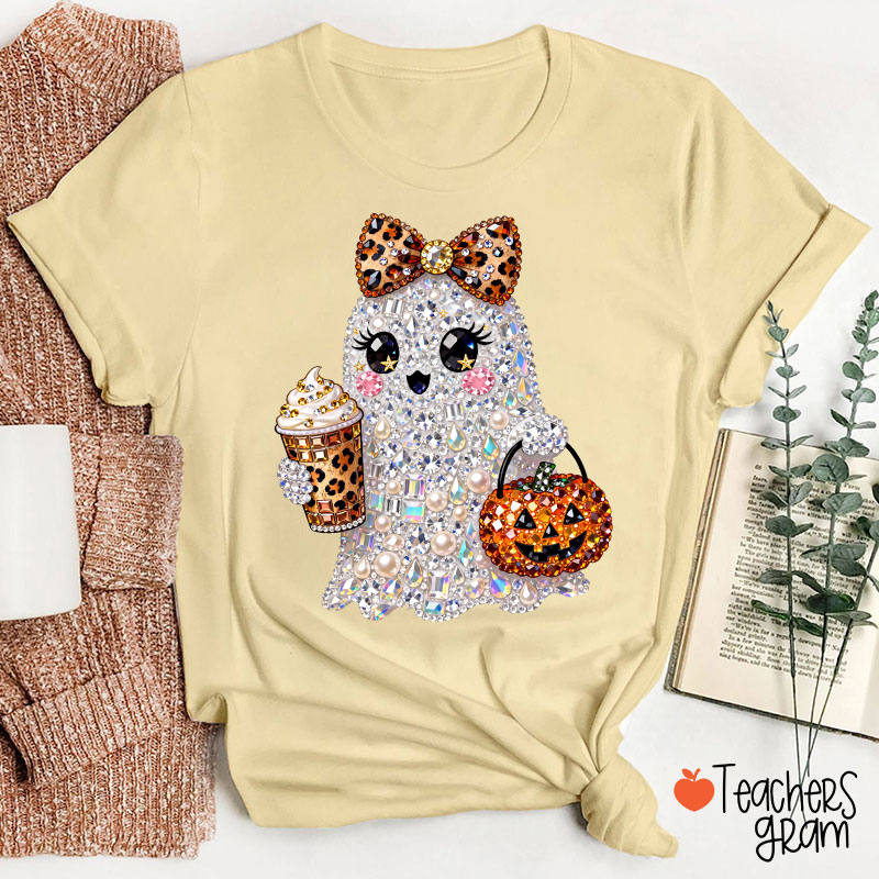 Faux Rhinestone Ghost Leopard Bow Coffee Pumpkin Teacher T-Shirt