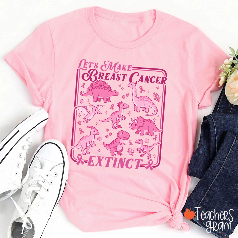 Breast Cancer Extinct Dinosaur Pink Ribbon Support Teacher T-Shirt