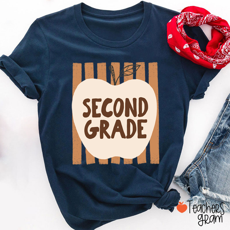 Personalized Grade Heart Apple Vertical Stripe Teacher T-Shirt