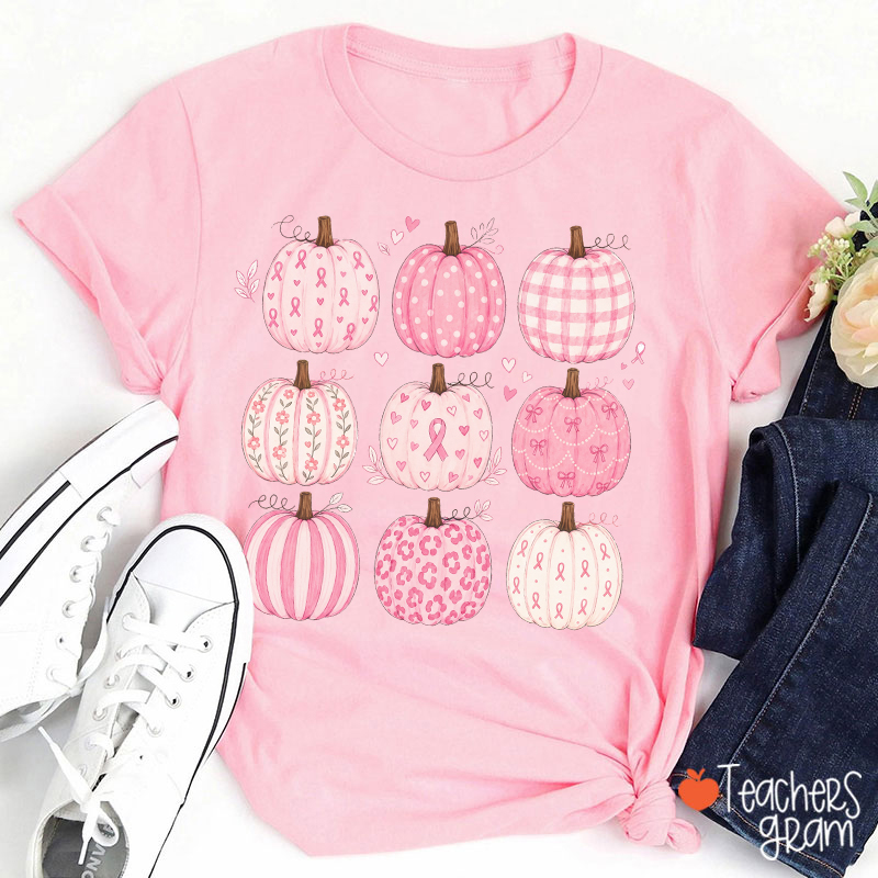 Pink Ribbon Breast Cancer Awareness Grid Pumpkin Teacher T-Shirt-Teachersgram