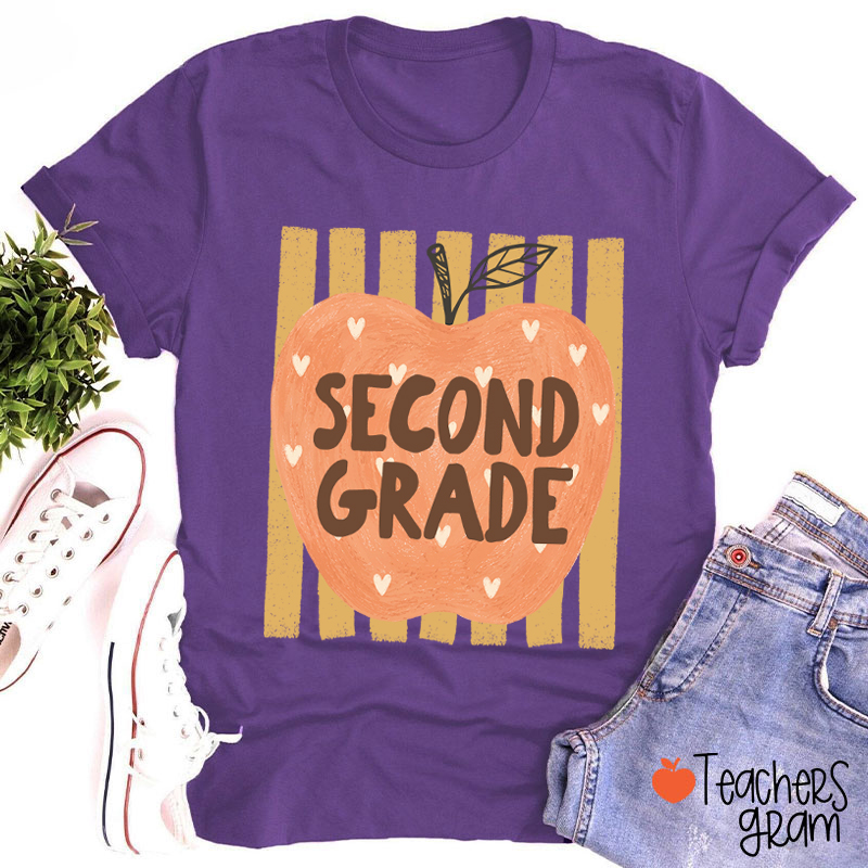 Personalized Grade Heart Apple Vertical Stripe Teacher T-Shirt