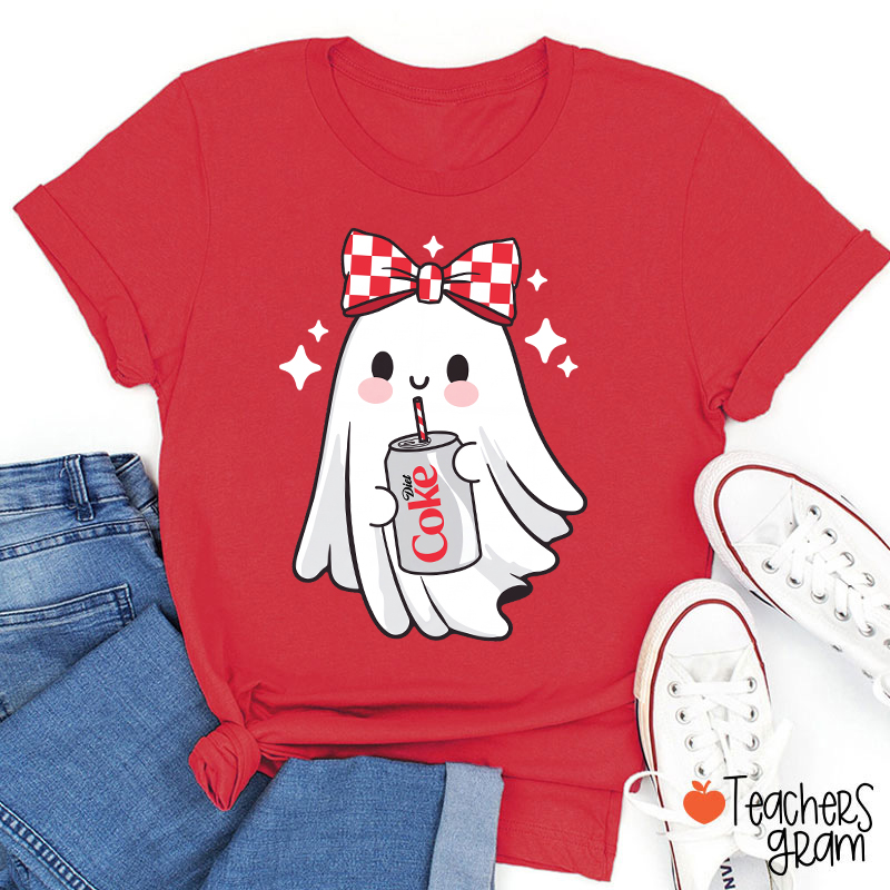 Cute Ghost With Red Checkered Bow Soda Drink Halloween Teacher T-Shirt