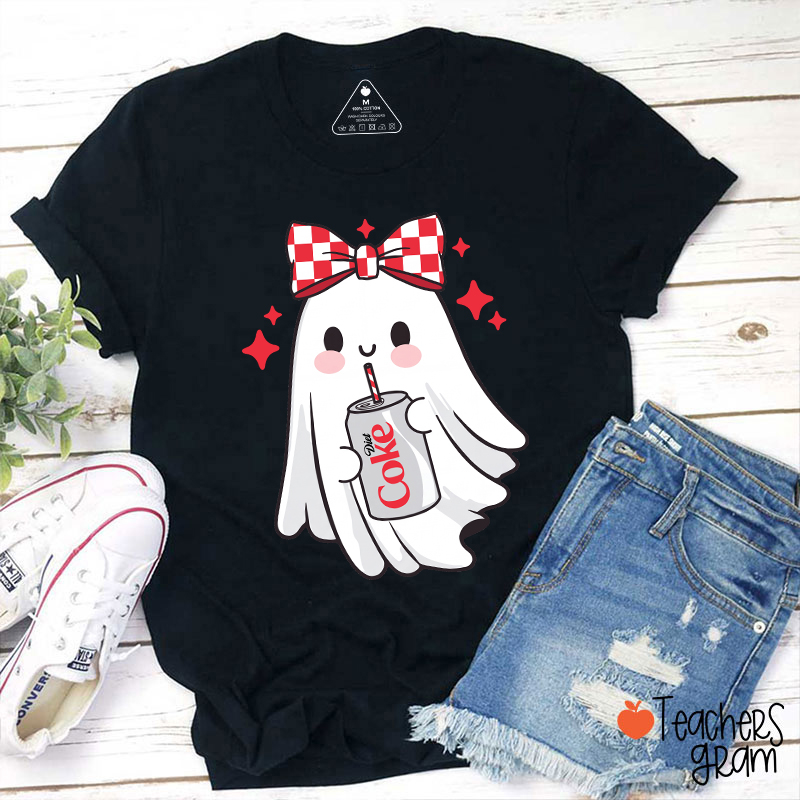 Cute Ghost With Red Checkered Bow Soda Drink Halloween Teacher T-Shirt