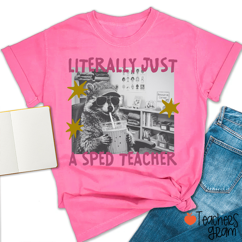 Literally Just A SPED Teacher Raccoon Bubble Tea Teacher T-Shirt