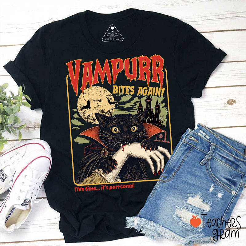 Vampurr Bites Again Vampire Black Cat Halloween Teacher T-Shirt
