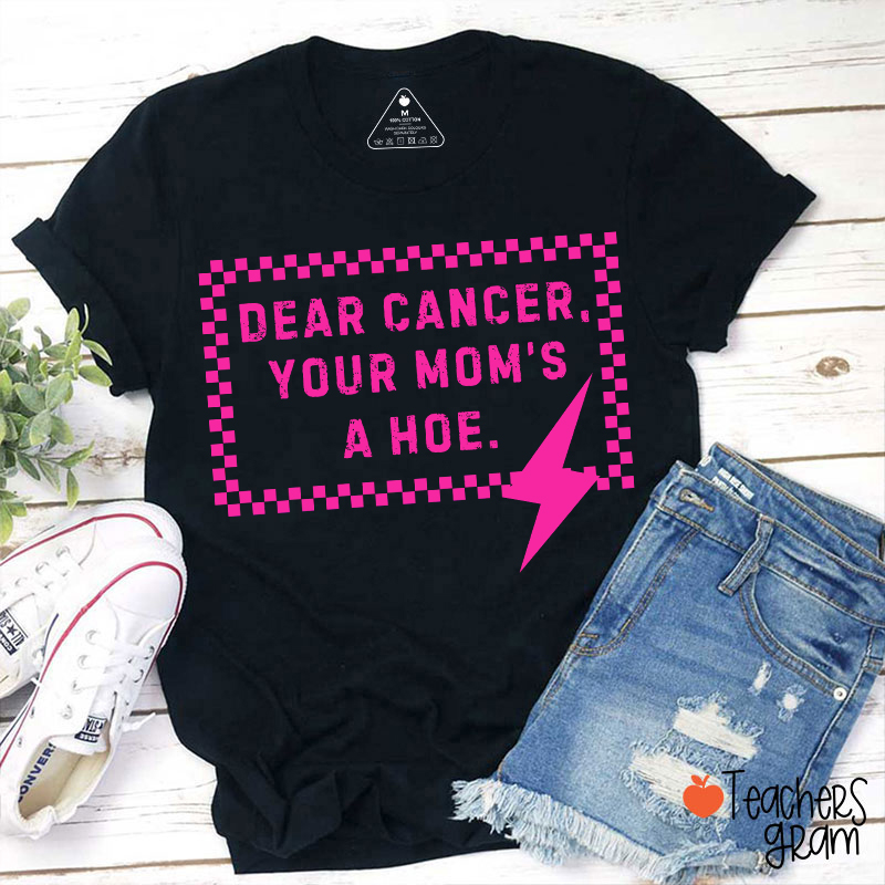 Funny Anti‑Cancer Quote Pink Checker Lightning Bolt Teacher T-Shirt